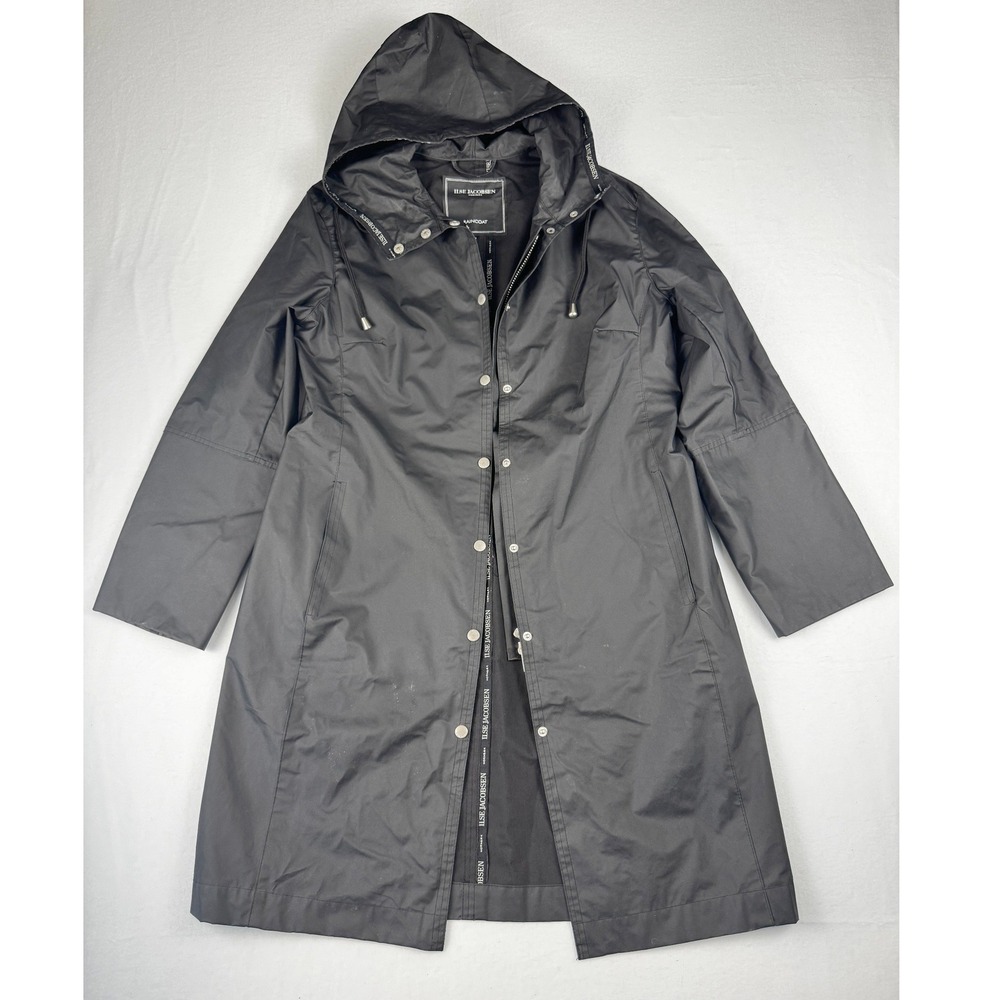 Ilse Jacobsen Hornbæk Black Hooded Raincoat Mid-Length Jacket Womens Size Medium